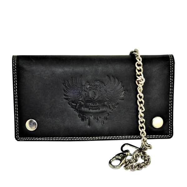 flevado Wild Büffel Leder Geldbörse Scull Totenkopf Biker Wildleder Brieftasche mit Kette (Schwarz) RFID Schutz